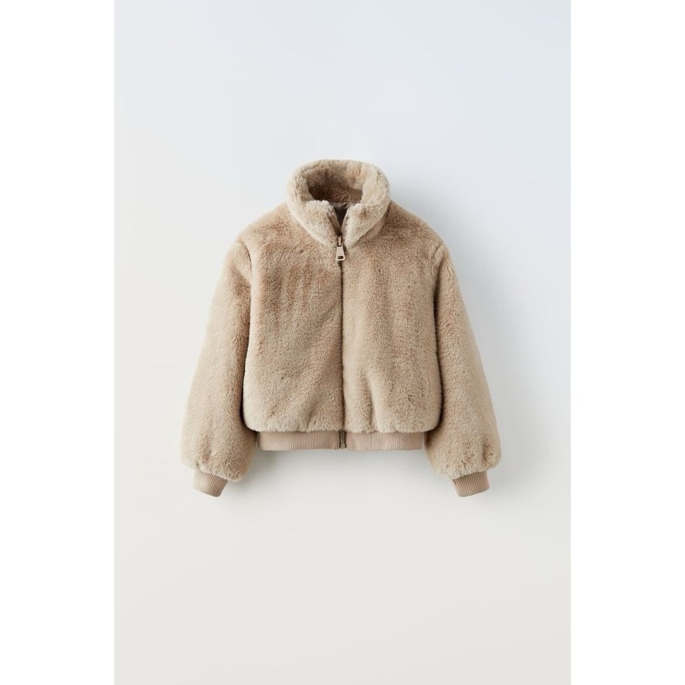Zara Faux Fur Bomber Jacket Beige Kids Size 11-12 Or Women Size XS